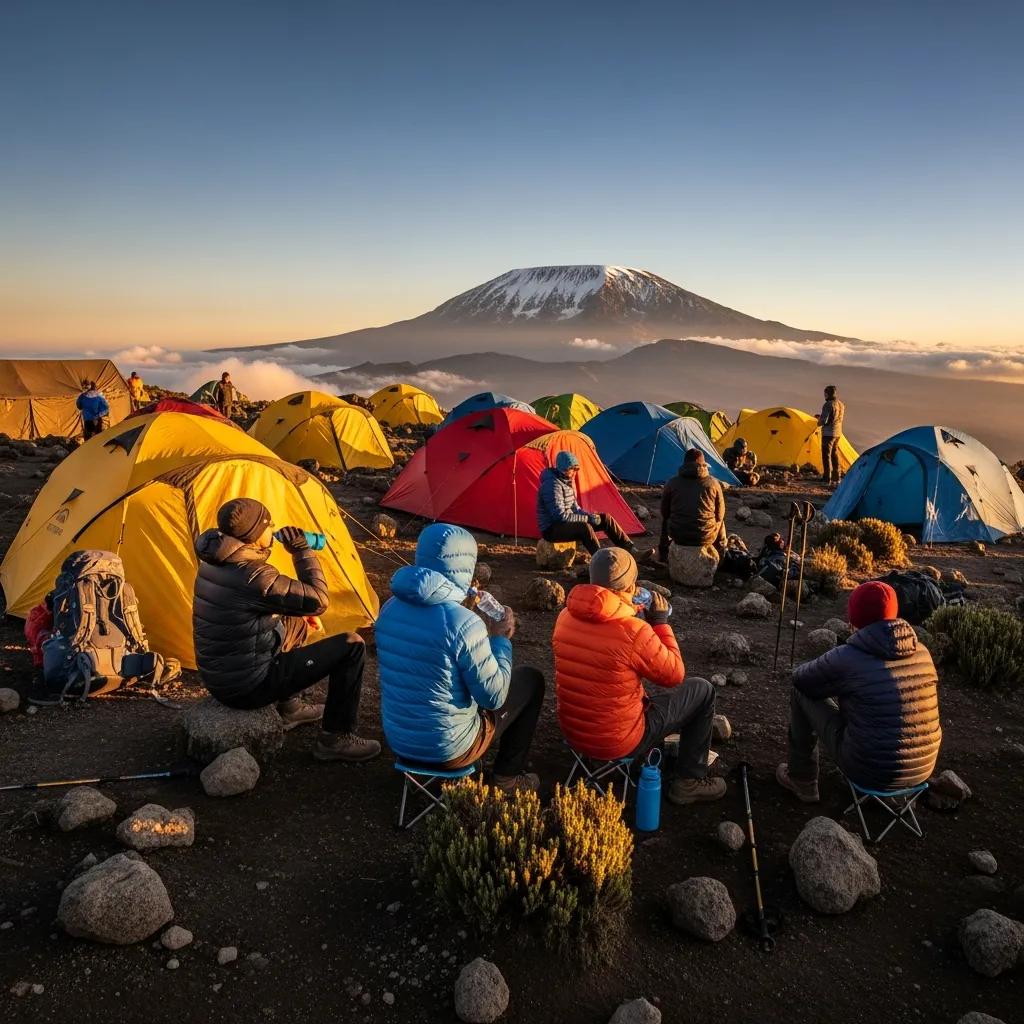 Climbers at high-altitude camp on Kilimanjaro, emphasizing acclimatization activities