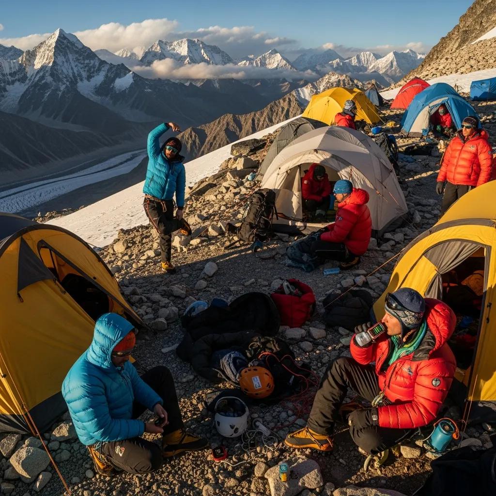 Climbers at high-altitude camp practicing acclimatization techniques, surrounded by tents and mountain scenery, emphasizing preparation for reducing altitude sickness risks.