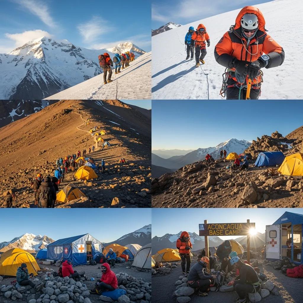 Climbers ascending Aconcagua's snowy slopes, acclimatization process, base camp activities, and gear preparation for high-altitude climbing.