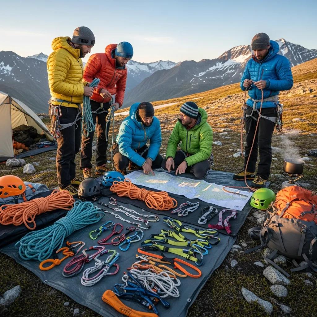 Climbers discussing safety protocols at a campsite before an expedition