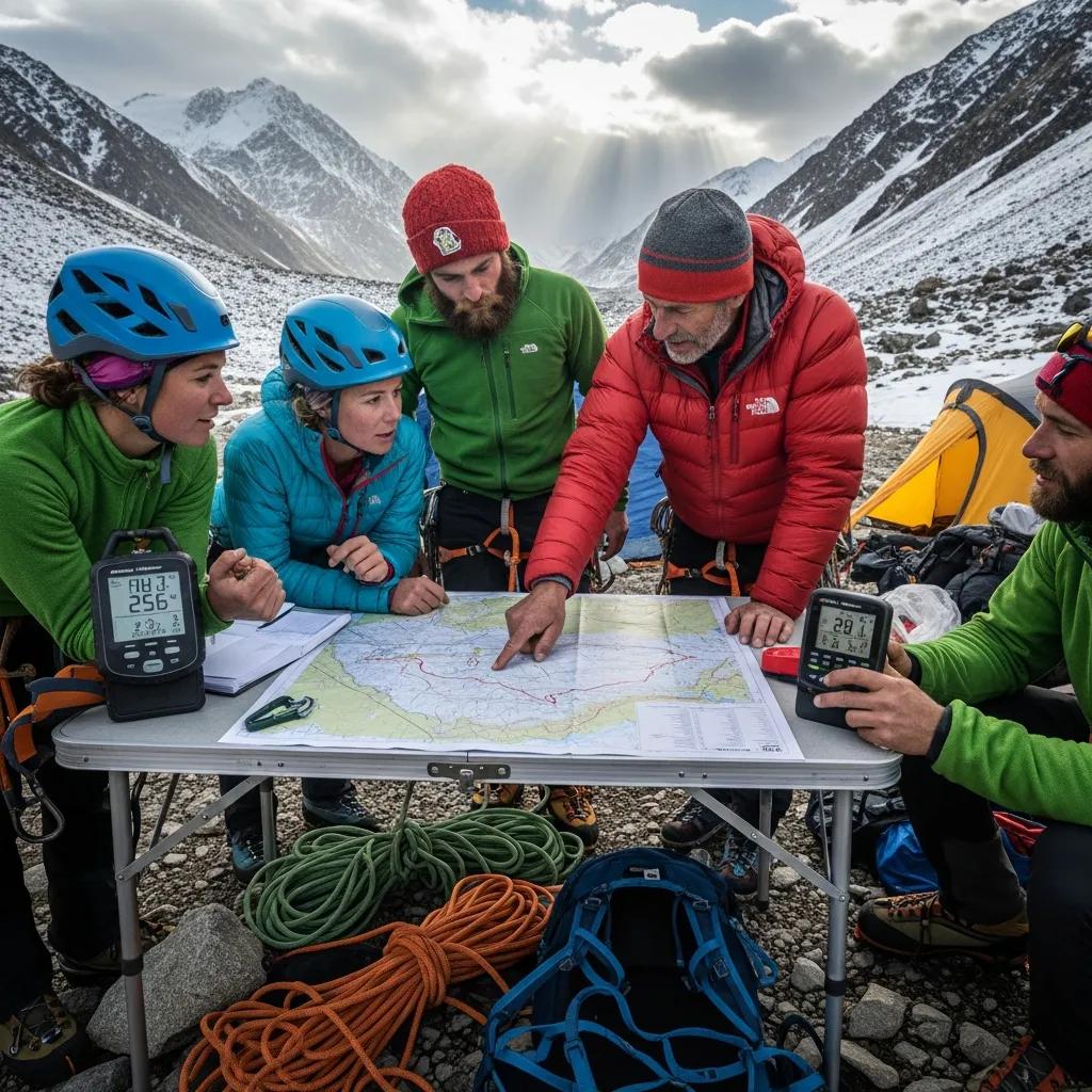 Climbers discussing safety protocols and route planning at a mountain base camp, with maps and climbing gear visible, emphasizing preparation for a Matterhorn ascent.