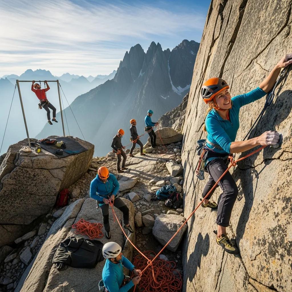 Climbers engaged in physical training and technical skills practice in a mountainous environment, emphasizing expedition preparation