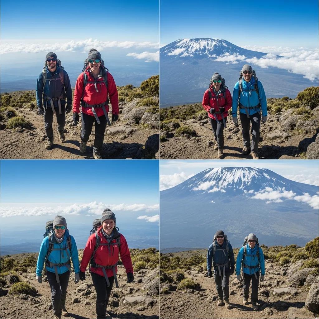 Climbers trekking on Mount Kilimanjaro during the dry season, clear skies, scenic views of the mountain, showcasing ideal trekking conditions.