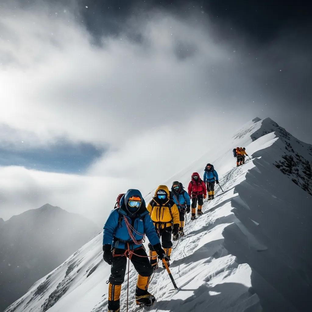 Climbers facing autumn weather challenges on Mount Everest, navigating cooler temperatures and unpredictable conditions in snowy terrain.