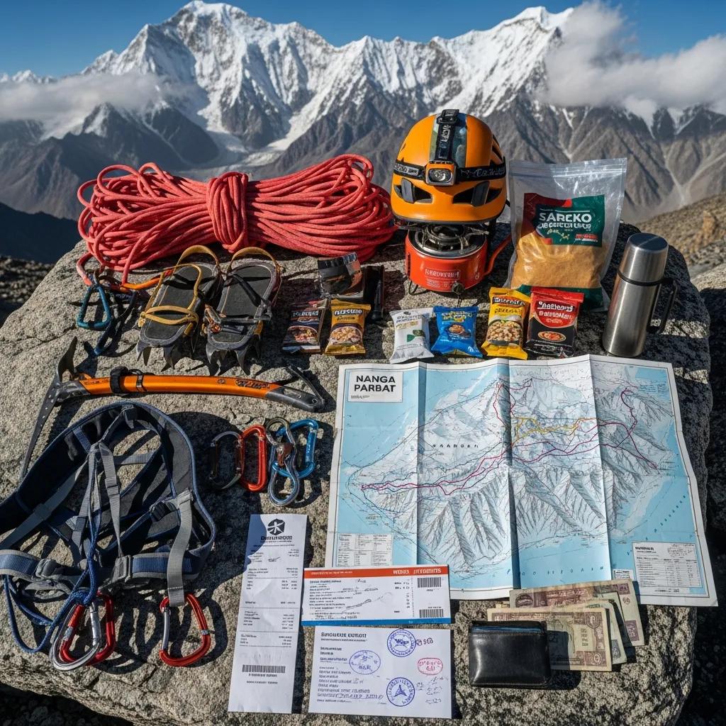 Climber's gear and supplies for Nanga Parbat expedition on rocky terrain