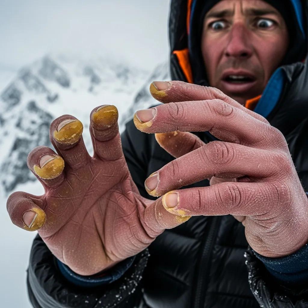 Climber's hands showing early frostbite symptoms with pale skin and yellowed fingertips in a snowy mountain environment.