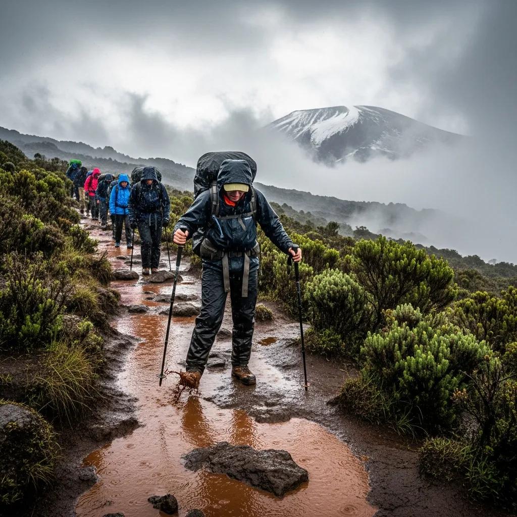 Climbers navigating a muddy trail on Mount Kilimanjaro during the rainy season, surrounded by lush vegetation and misty mountains.