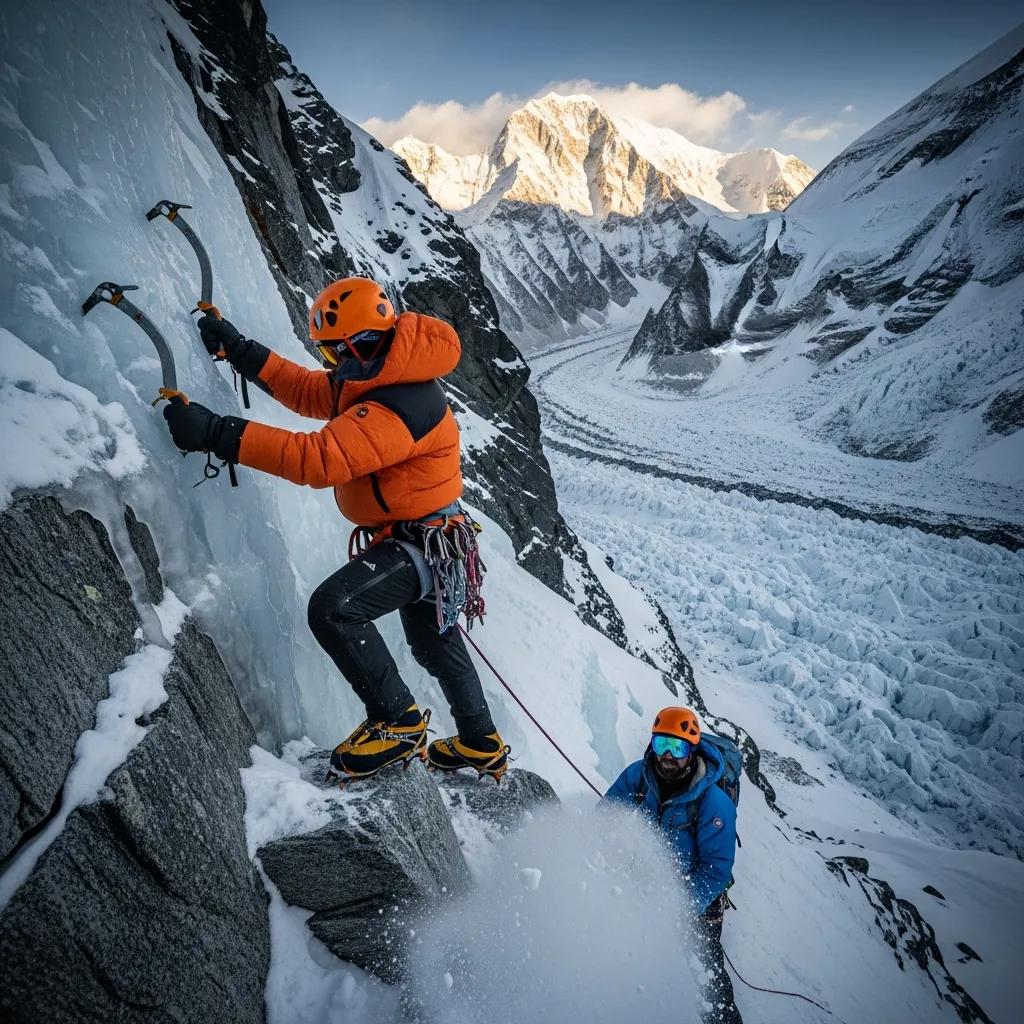 Climbers navigating a technical section of the Northwest Ridge on Mount Makalu, showcasing the challenges of steep rock and ice