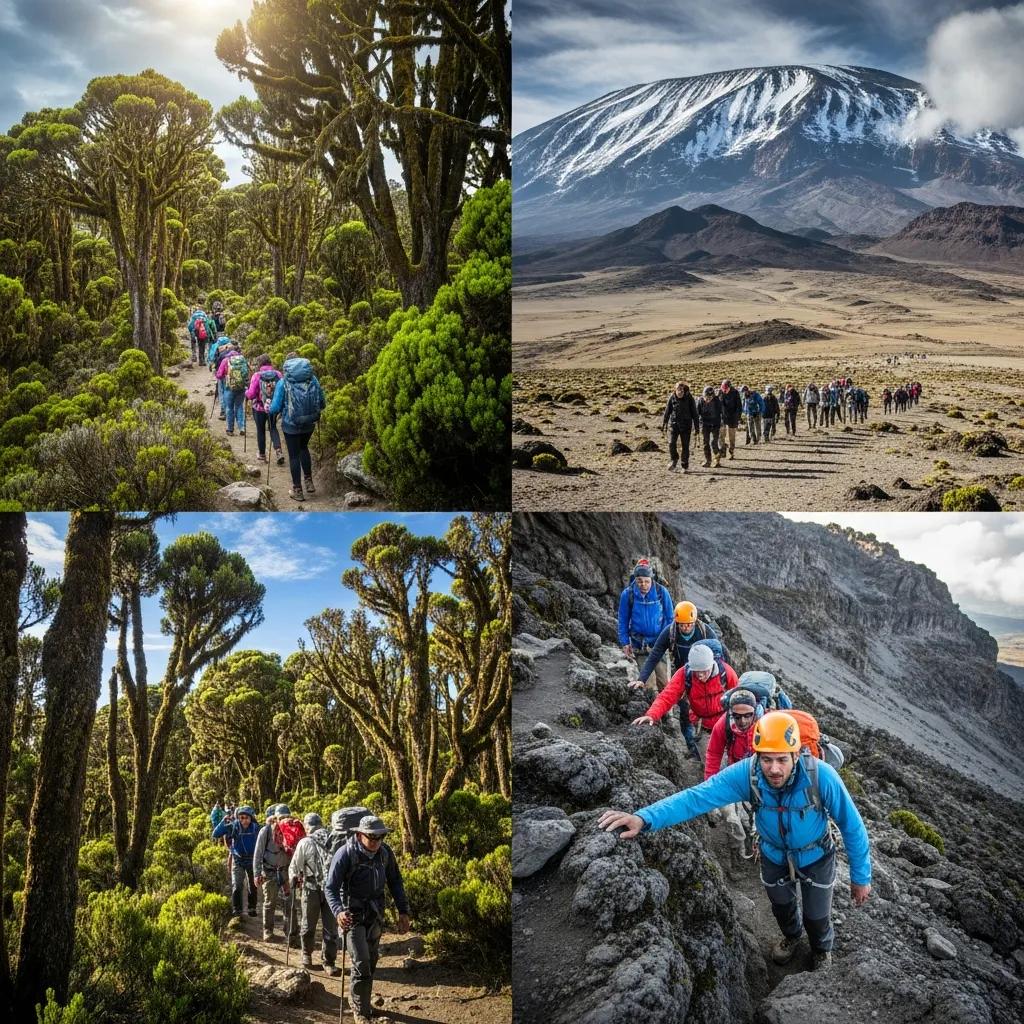 Climbers navigating diverse terrains on Mount Kilimanjaro, featuring lush vegetation and rocky paths, illustrating the varied landscapes encountered on different climbing routes.