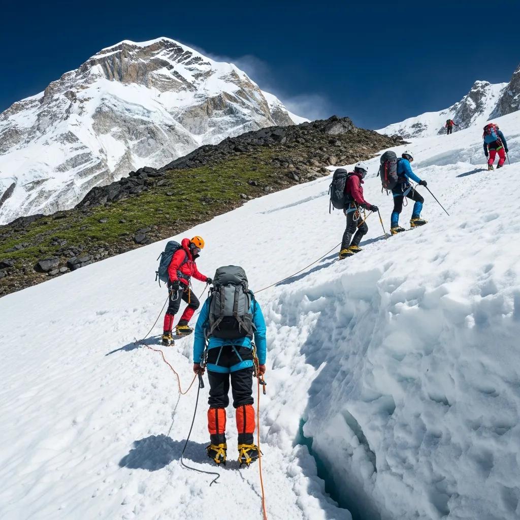 Climbers navigating snowy terrain on Lhotse during spring season, showcasing accessible routes and vibrant mountain scenery.