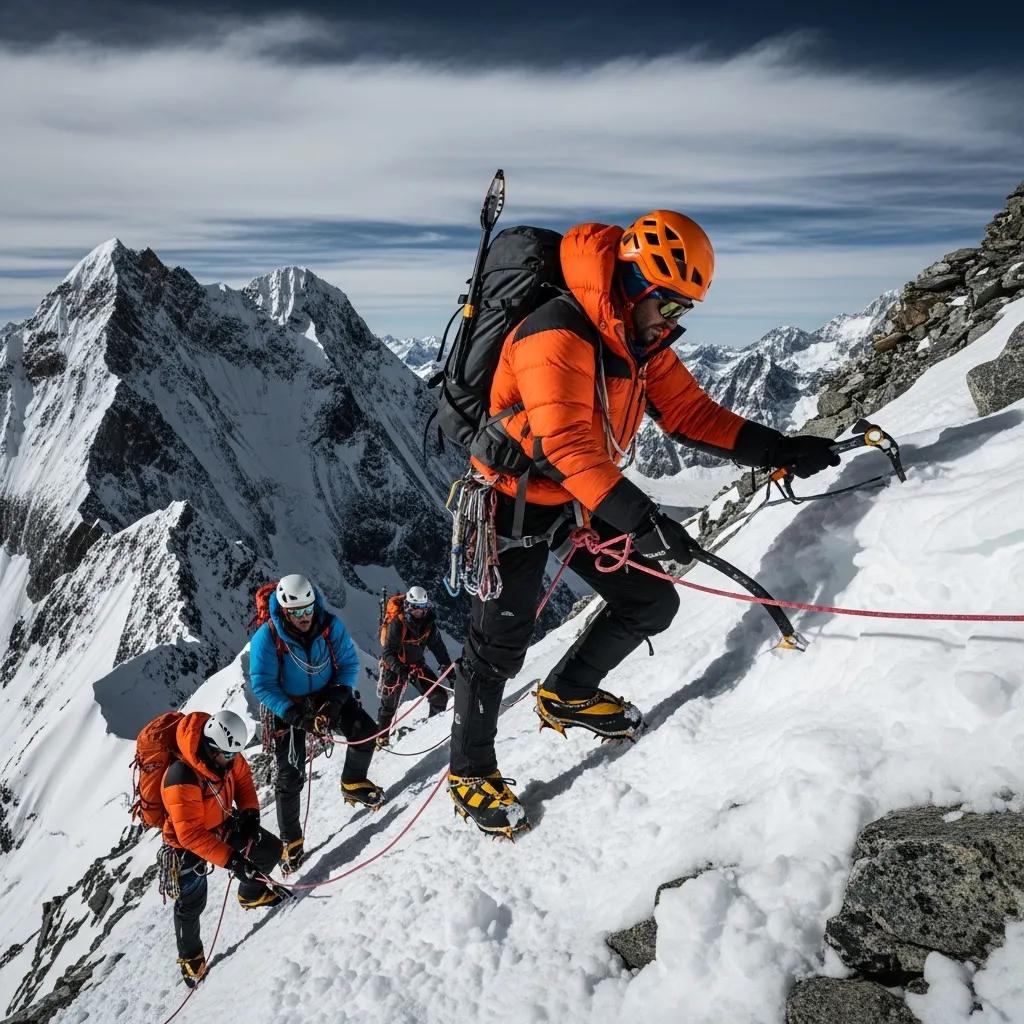 Climbers navigating the Southwest Ridge Route on Pumori, showcasing climbing gear and techniques