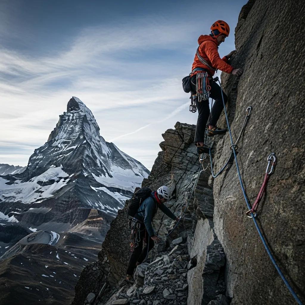 Climbers navigating technical challenges on the Hörnli Ridge route of the Matterhorn, showcasing rock climbing and scenic alpine views.