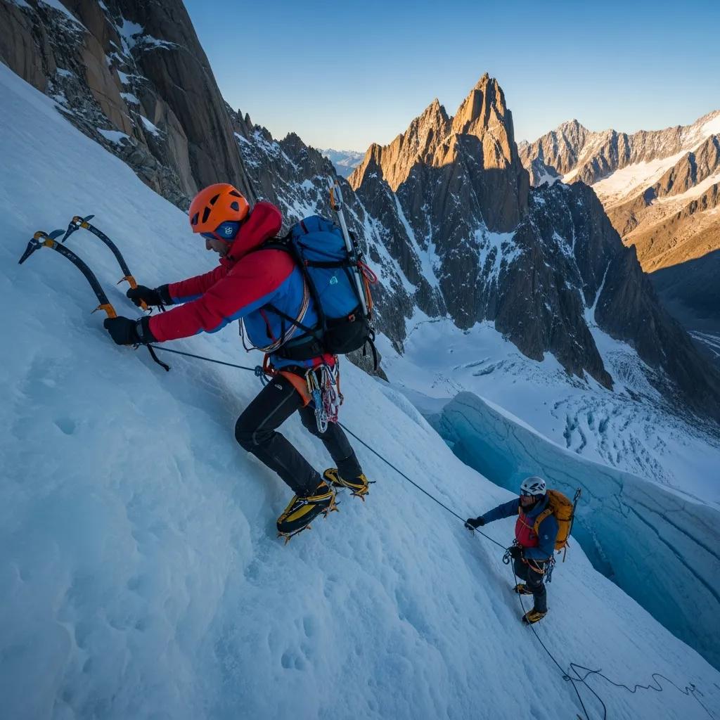Climbers navigating the technical sections of the Cosmiques Route on Mont Blanc