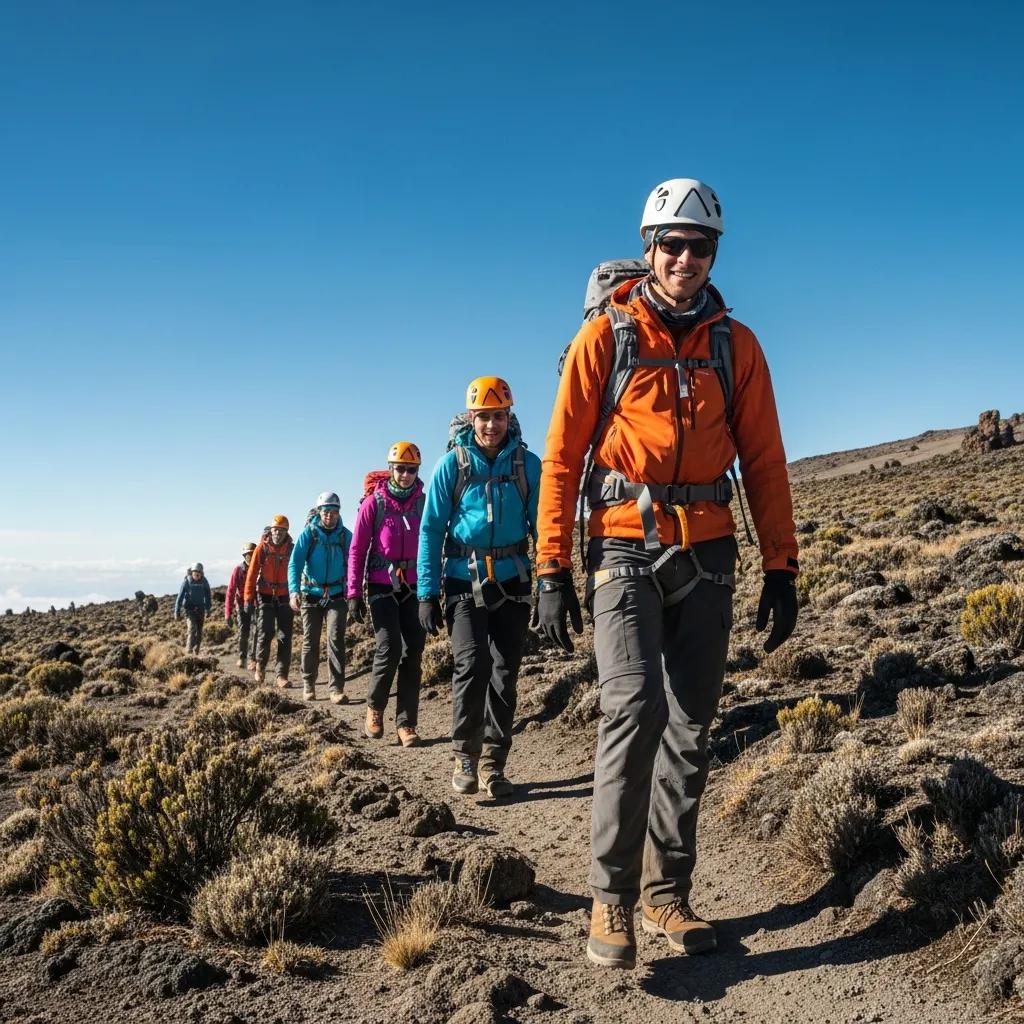 Climbers on a clear trail during the dry season on Mount Kilimanjaro