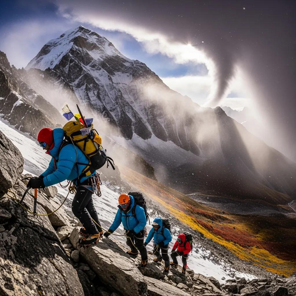 Climbers ascending rocky terrain on Lhotse, showcasing vibrant autumn colors and dramatic weather conditions, with snow-capped peaks in the background.