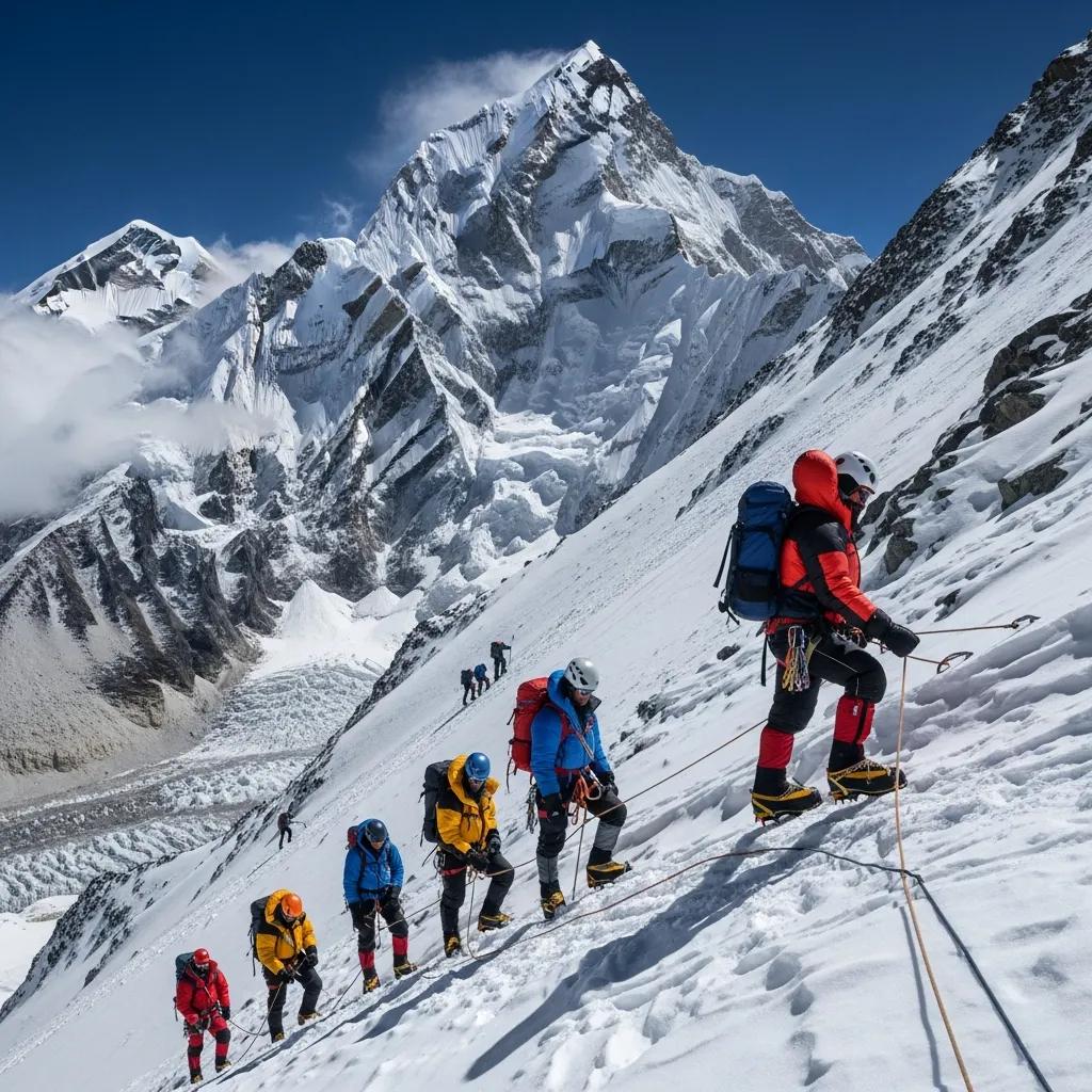 Climbers ascending Lhotse mountain in snowy conditions, showcasing the challenges of high-altitude climbing and expedition preparation.