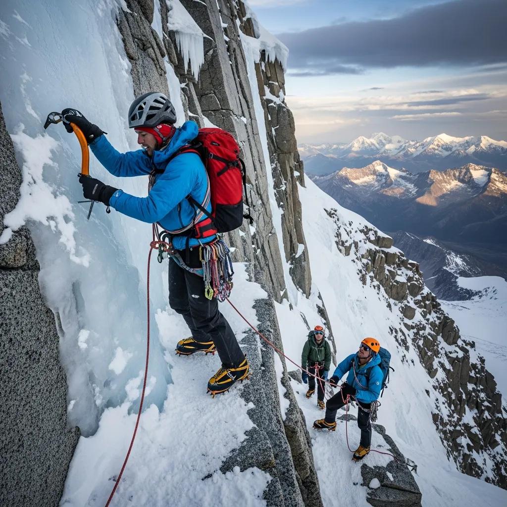 Climbers on the Cassin Ridge, illustrating the steep and technical challenges of this Denali route