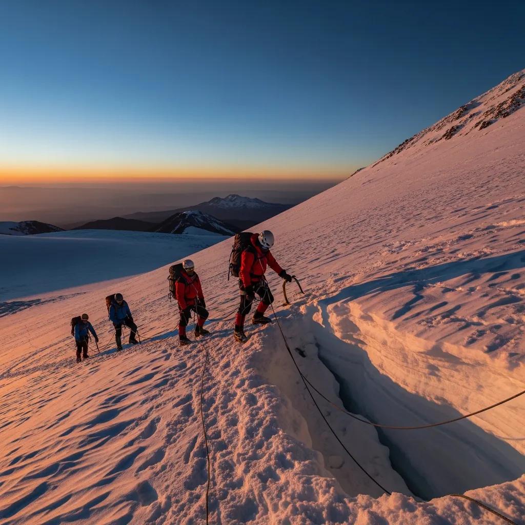 Climbers on the Jamapa Glacier route of Pico de Orizaba &mdash; snow-covered terrain at high altitude on Mexico's highest peak at sunset