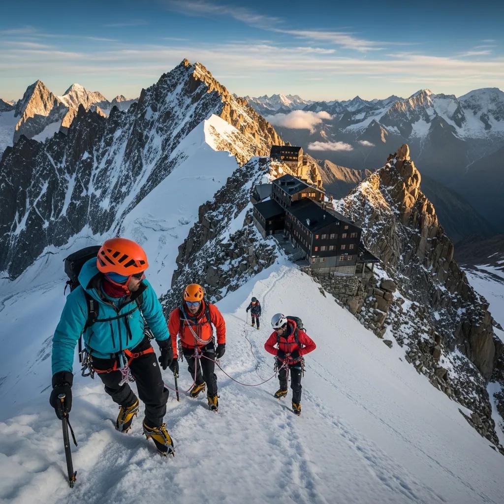 Climbers on the Gouter Route of Mont Blanc, showcasing the path and mountain huts, emphasizing the accessibility of this climbing route