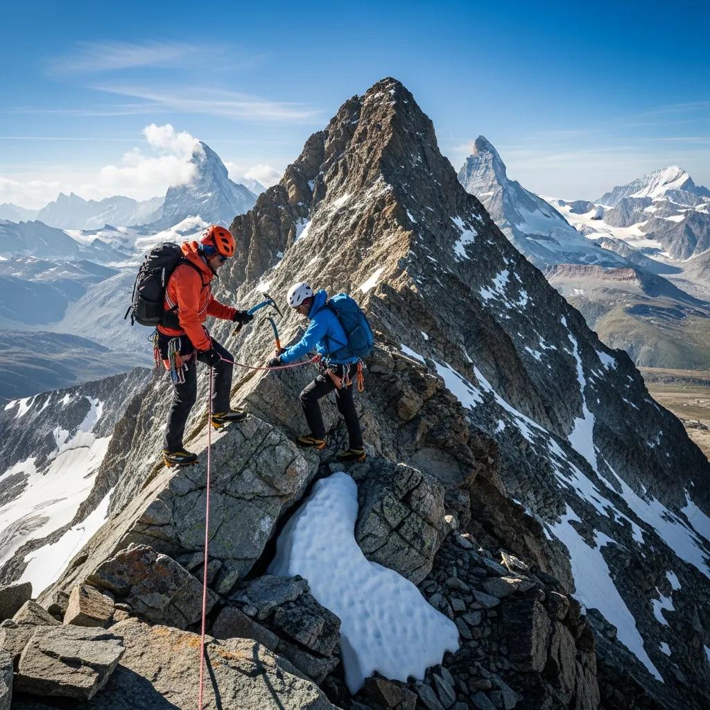 Climbers ascending rocky terrain on the Matterhorn during summer, showcasing clear skies, snow patches, and surrounding alpine landscape.