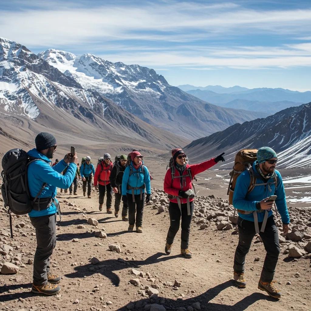 Climbers on the Normal Route of Aconcagua, showcasing the accessibility and beauty of the ascent
