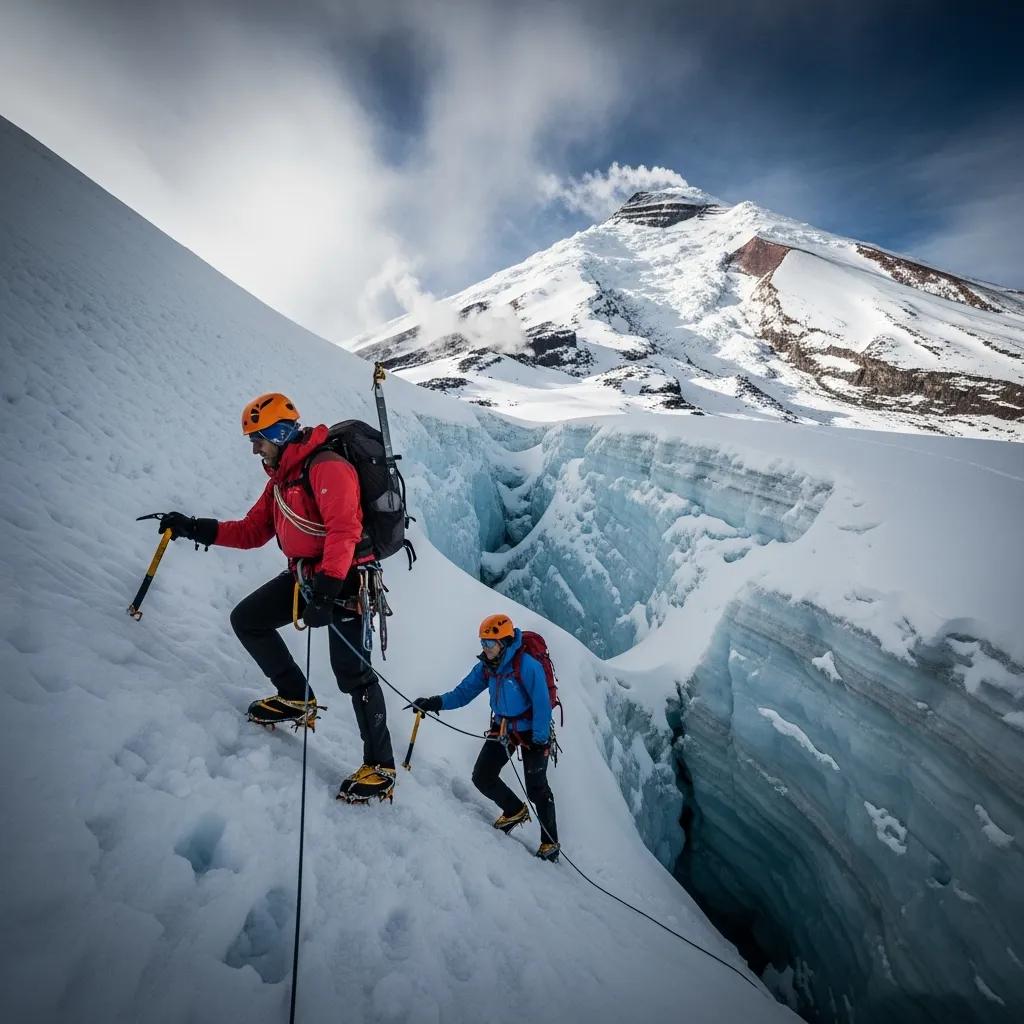Climbers on Cotopaxi's glacier route in Ecuador