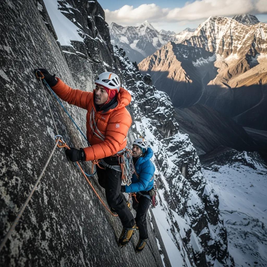 Climbers ascending the technical north ridge route of Lobuche East in Nepal, showcasing high-altitude mountaineering challenges amidst a dramatic mountainous backdrop.