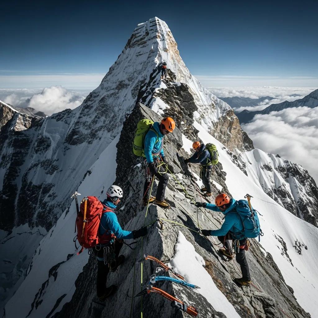 Climbers navigating the technical southwest ridge of Ama Dablam, showcasing alpine climbing techniques and breathtaking mountain scenery.