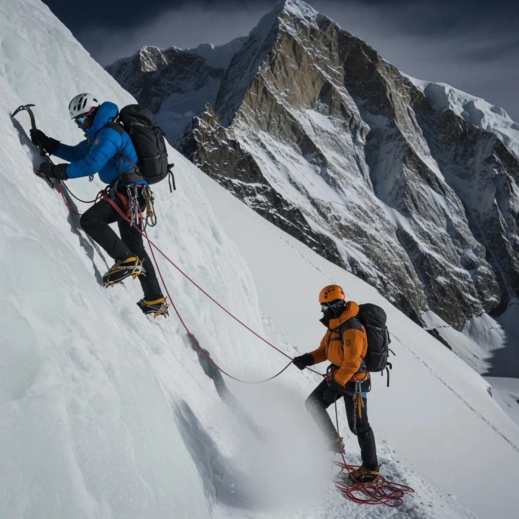 Climbers on the standard route of Baruntse, highlighting terrain challenges and ice climbing