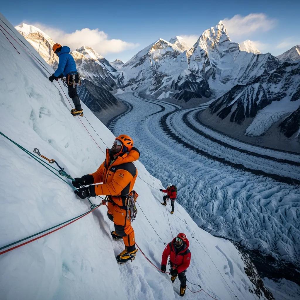 Climbers ascending the icy slope of Island Peak in Nepal, showcasing technical mountaineering skills against a backdrop of majestic snow-capped mountains and a winding glacier.