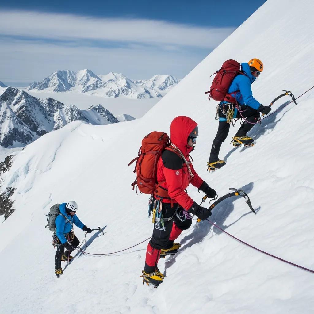 Climbers ascending steep snow slopes on Vinson Massif, showcasing technical gear and challenging Antarctic terrain.