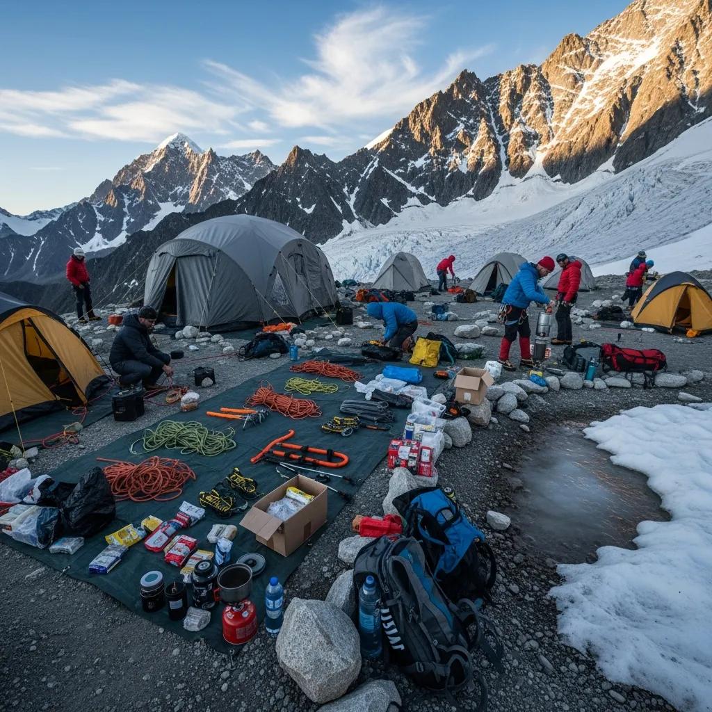 Climbers organizing expedition equipment at a mountain campsite