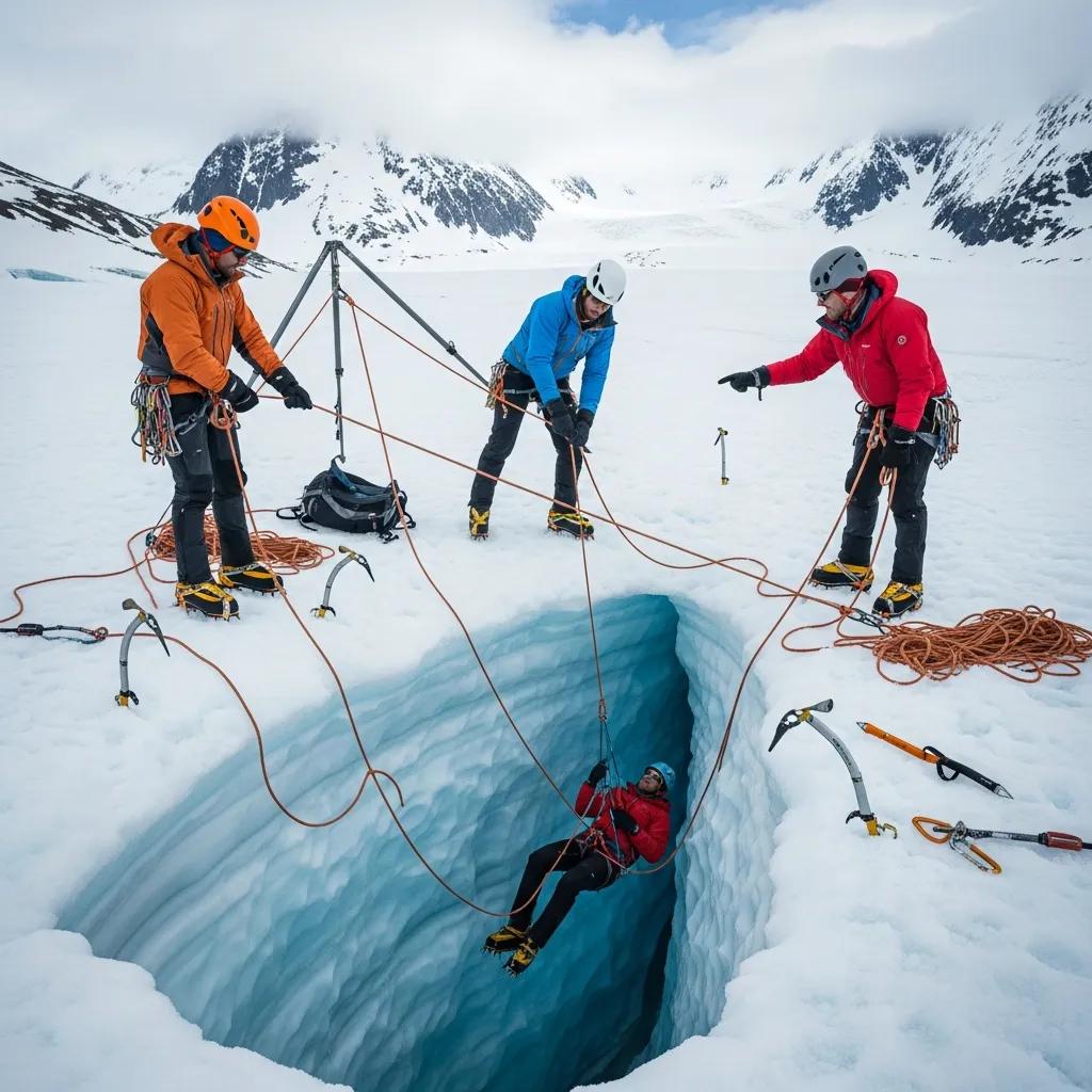 Climbers performing a crevasse rescue using ropes and pulleys