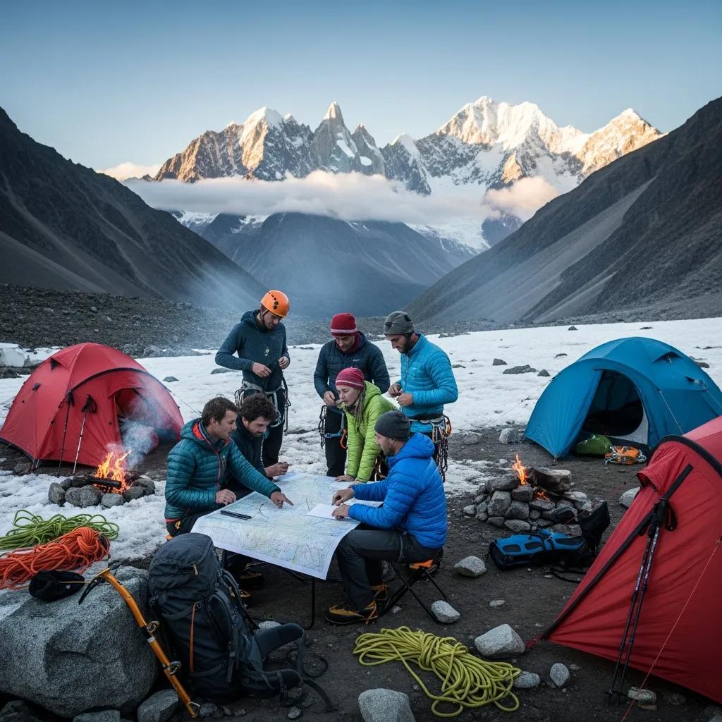 Climbers planning their expedition logistics at a campsite in the Andes