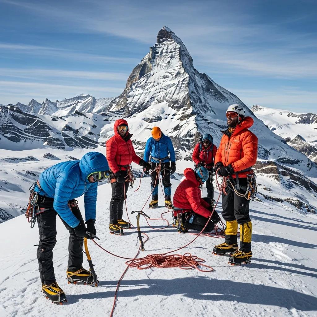 Climbers preparing for an ascent of the Matterhorn, showcasing essential alpine gear and the majestic peak