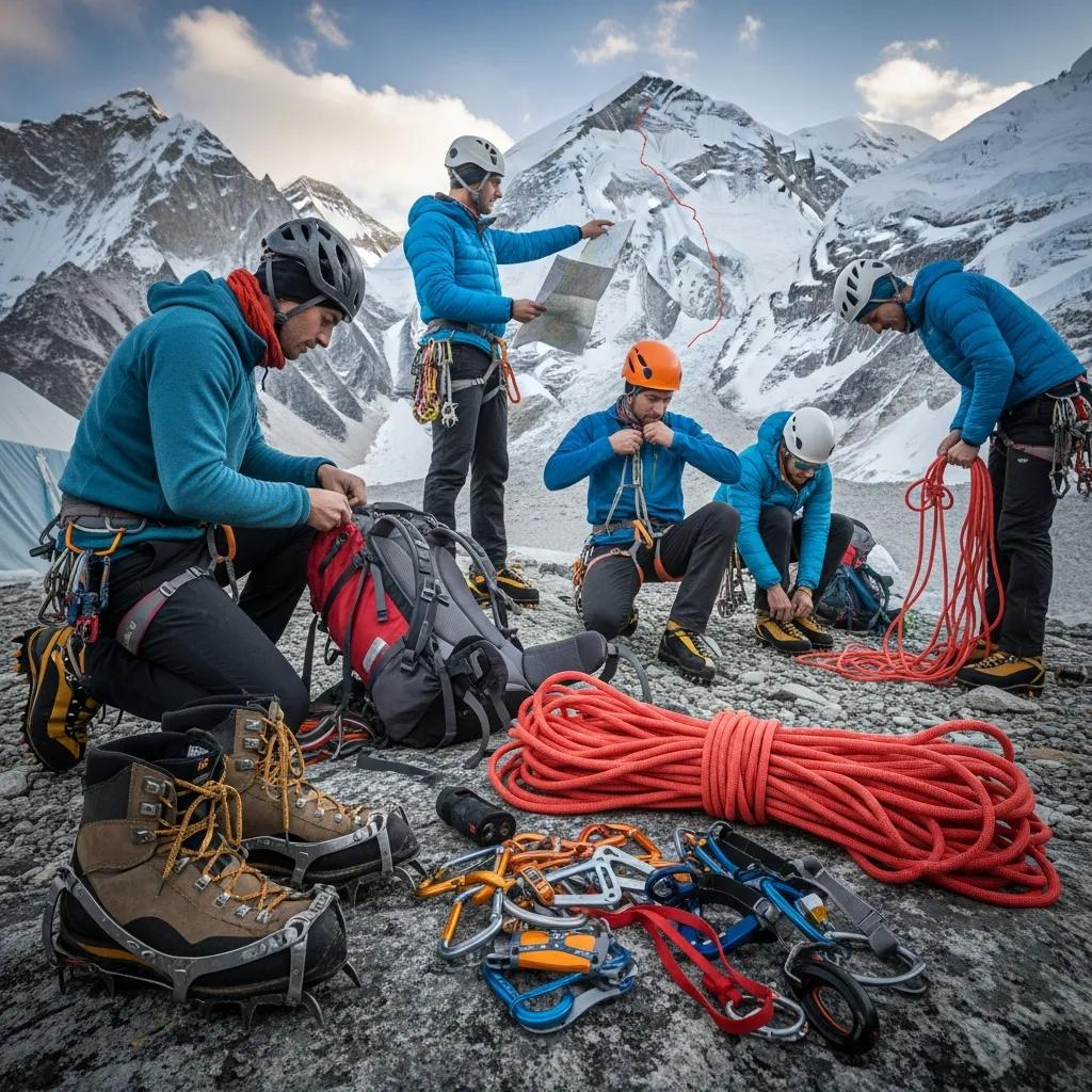 Climbers preparing for an expedition with essential gear in a mountainous landscape
