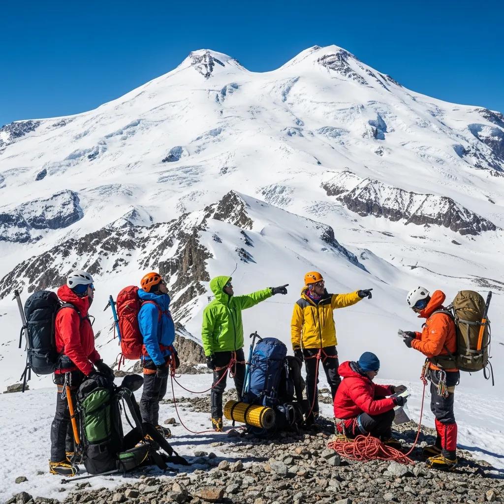 Climbers preparing for ascent on Mount Elbrus, highlighting adventure and preparation for high-altitude climbing