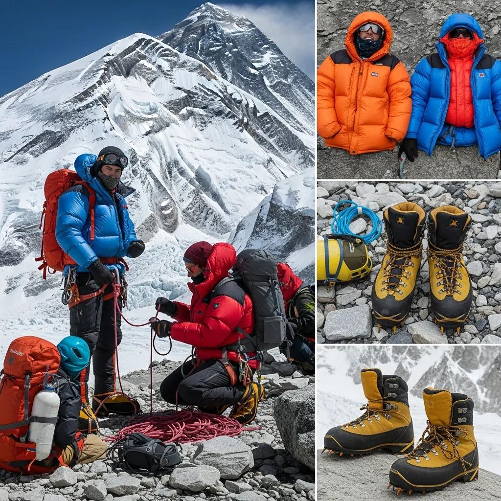 Climbers preparing for Mount Everest ascent, wearing high-altitude gear, with essential equipment including ropes and climbing tools, set against a snowy mountain backdrop.