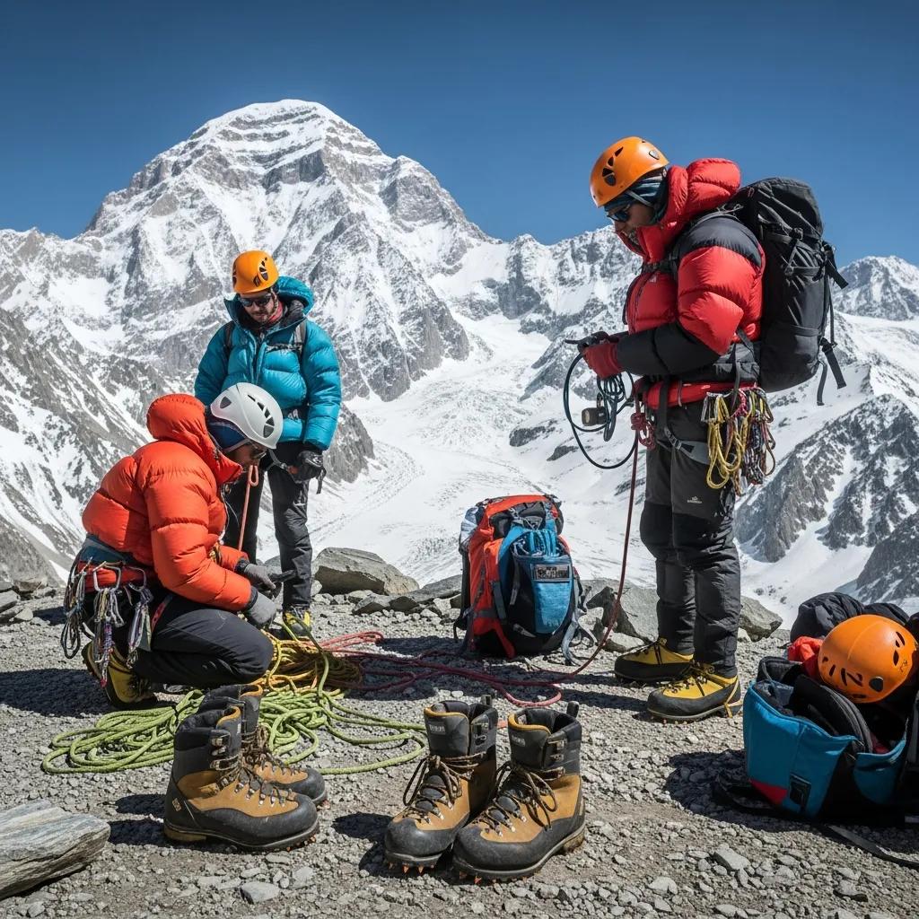 Climbers preparing for ascent on Nanga Parbat, equipped with high-altitude gear, including climbing ropes, helmets, and specialized footwear, against a backdrop of snow-capped mountains.
