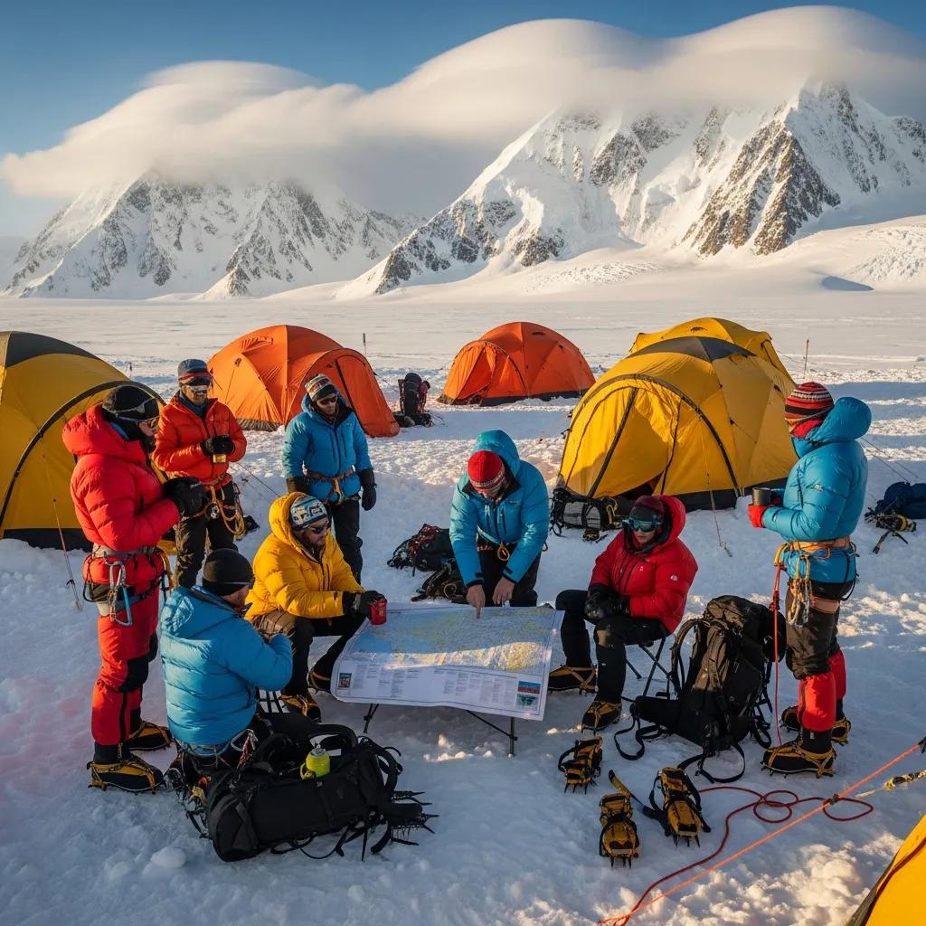 Climbers in colorful jackets discussing expedition plans at a base camp on Vinson Massif, surrounded by orange and yellow tents and snow-covered mountains.