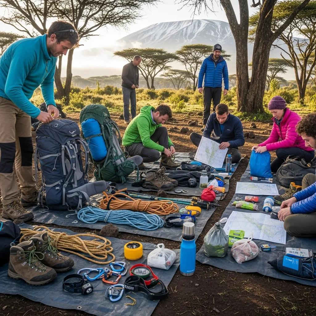 Climbers preparing gear for Kilimanjaro trek, emphasizing essential equipment and adventure readiness