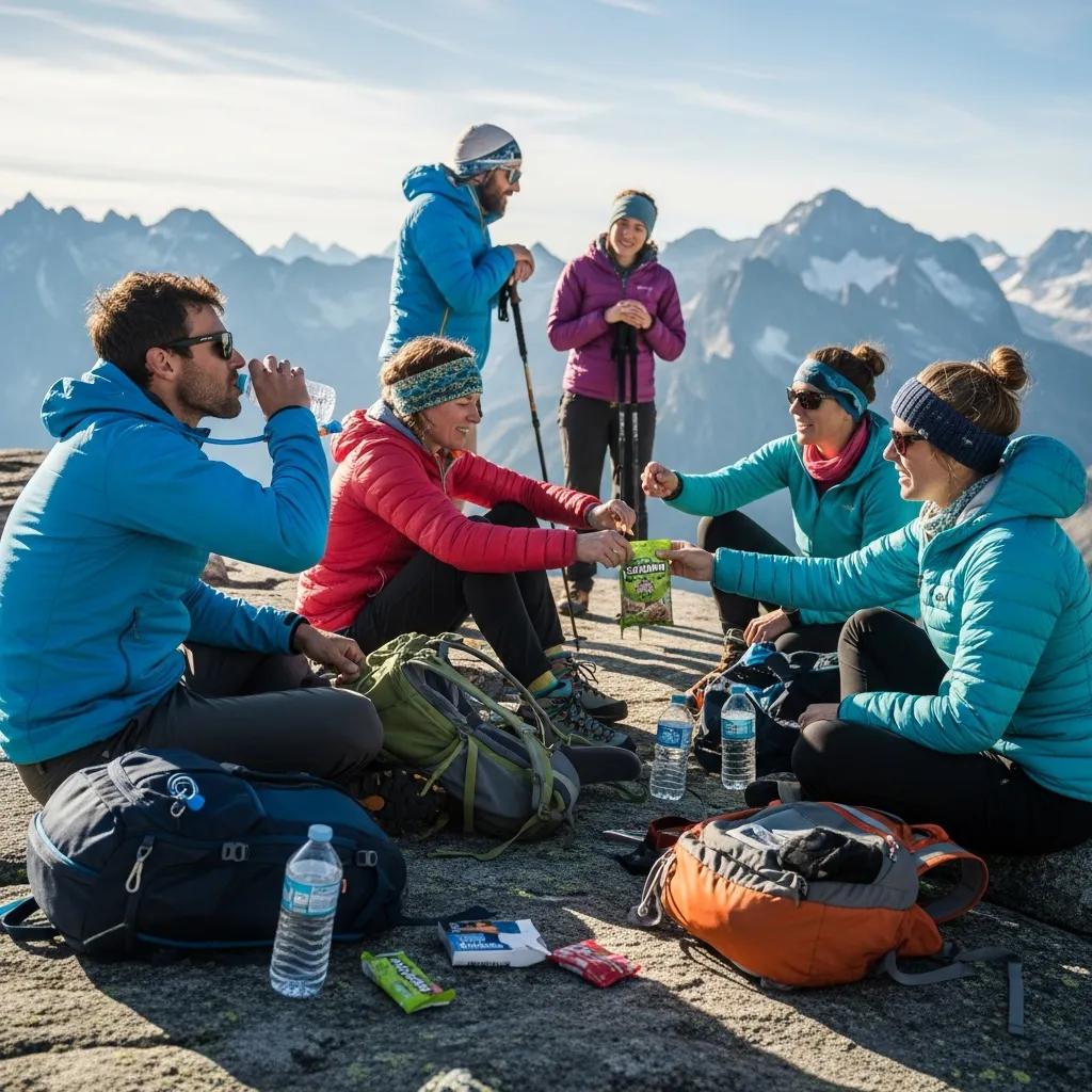 Group of climbers resting at high altitude, discussing acclimatization techniques and sharing snacks, surrounded by mountain scenery, emphasizing hydration and preparation for altitude sickness prevention.