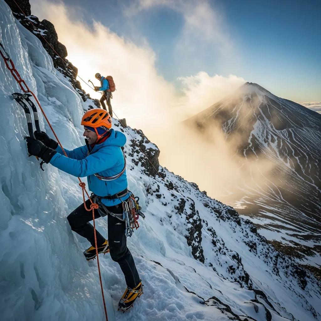 Climbers tackling a challenging route on Mount Taranaki with rugged terrain and dramatic clouds
