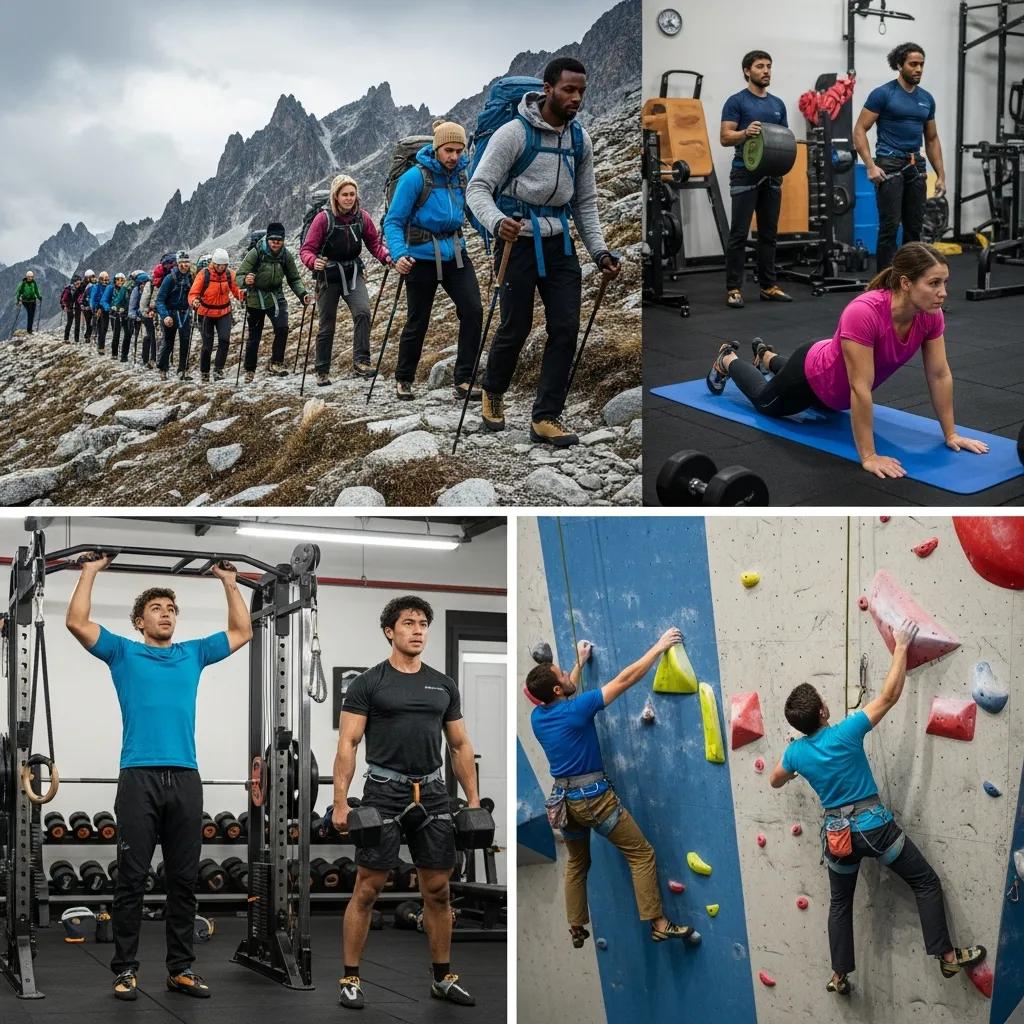 Climbers training for the Seven Summits through hiking, strength training, and climbing practice