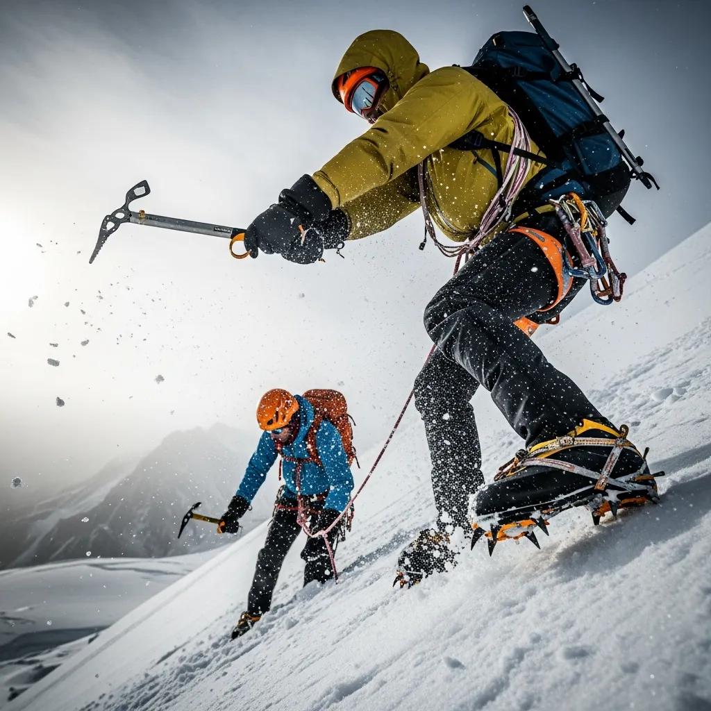 Climbers using ice axes and crampons on snowy terrain, demonstrating essential climbing tools and safety gear for Everest expeditions.