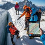 Climbers using Global Summit Guide resources in a high-altitude mountain landscape, navigating icy terrain with a tablet map for safety and direction.