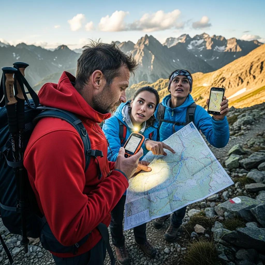 Climbers using GPS devices and maps for navigation on a mountain trail