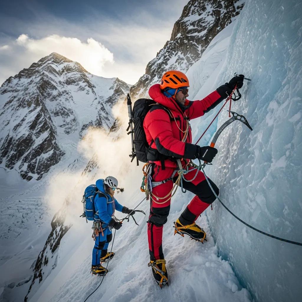 Climbers using technical climbing equipment like ropes and harnesses on a steep icy terrain during a K2 expedition