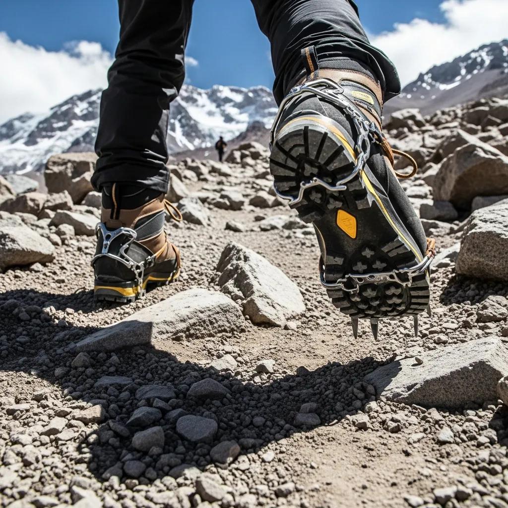 Climbers wearing mountaineering boots on rocky terrain, highlighting footwear for Aconcagua expeditions
