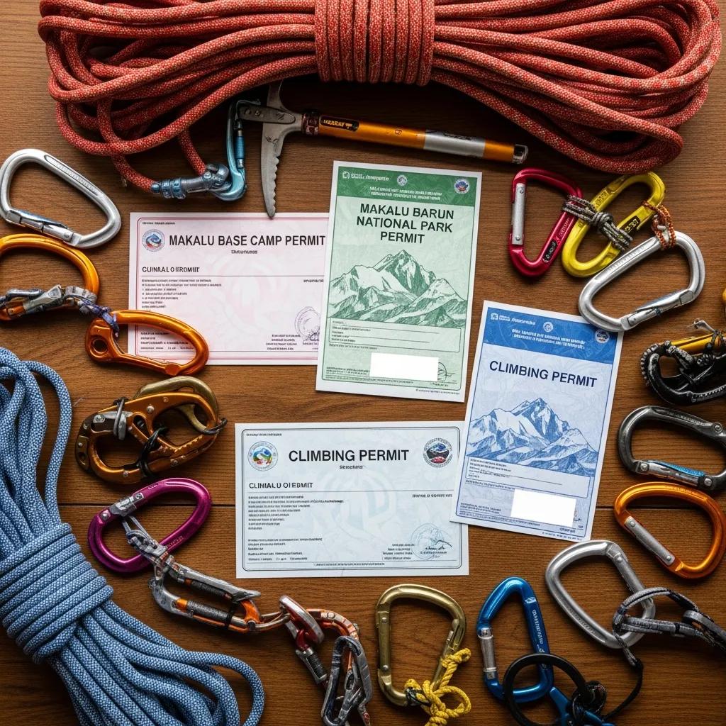 Climbing permits for Makalu expedition displayed with climbing gear